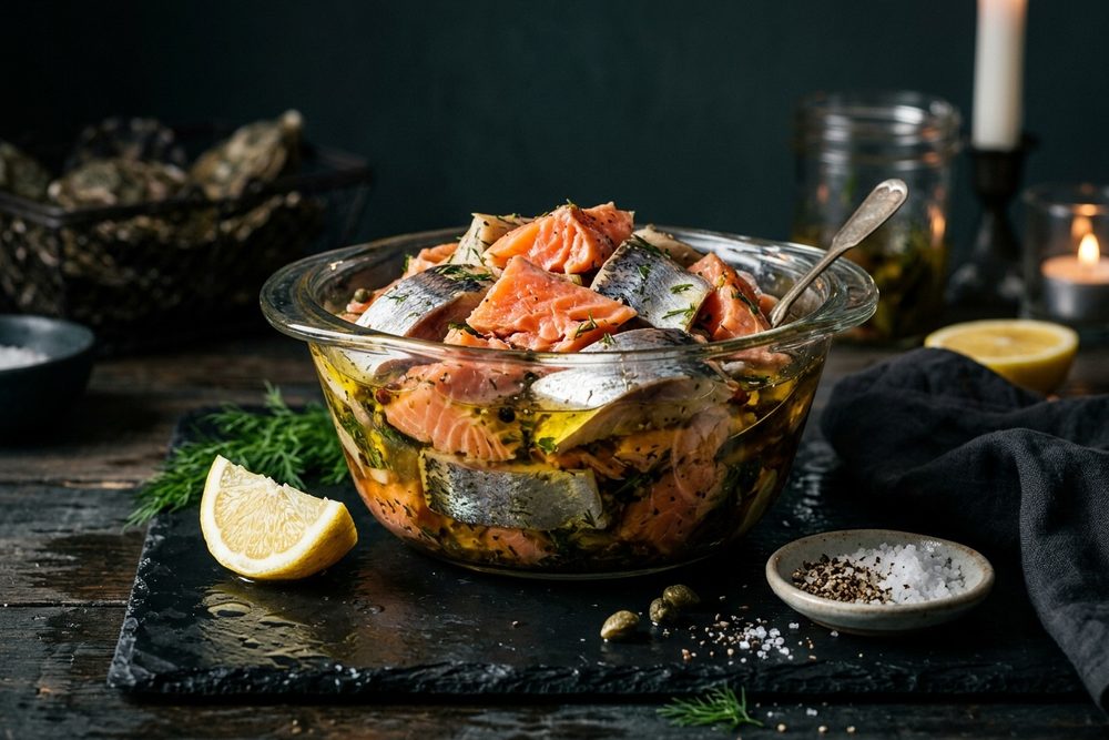 Ассорти форель и сельдь, кусочки в масле, 400 г
