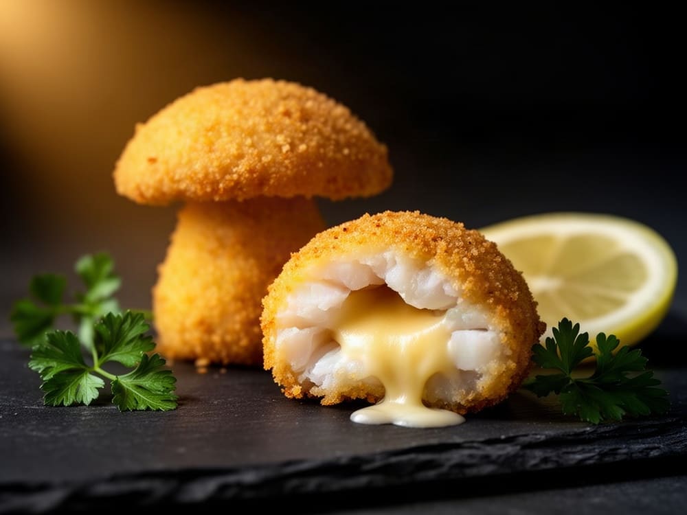 Грибочки рыбные с грибами и сыром в панировке, на вес