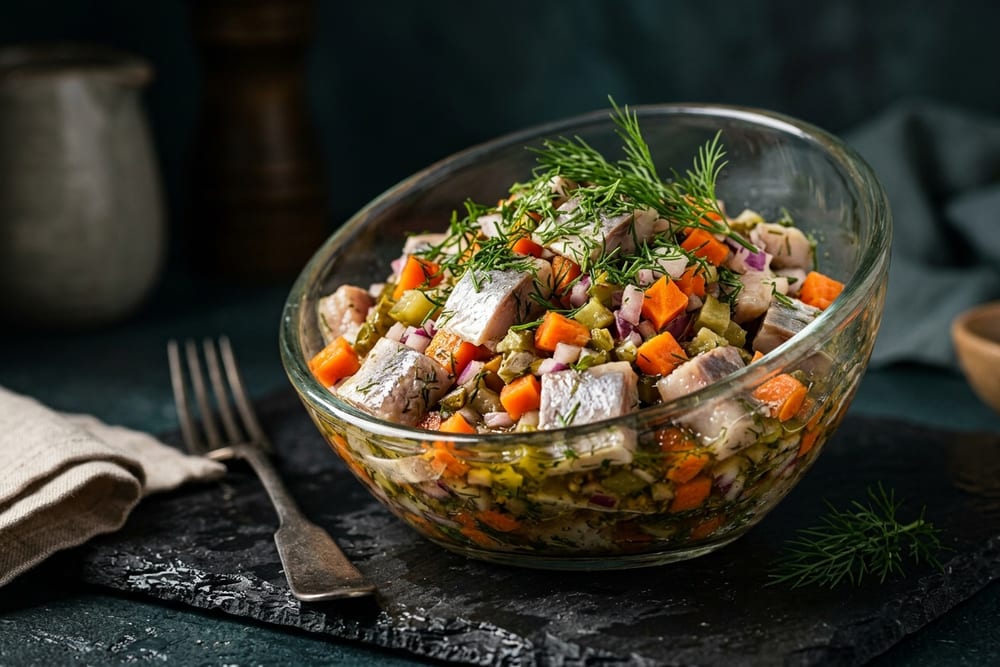 Салат из сельди, филе-кусочки в масле с овощами