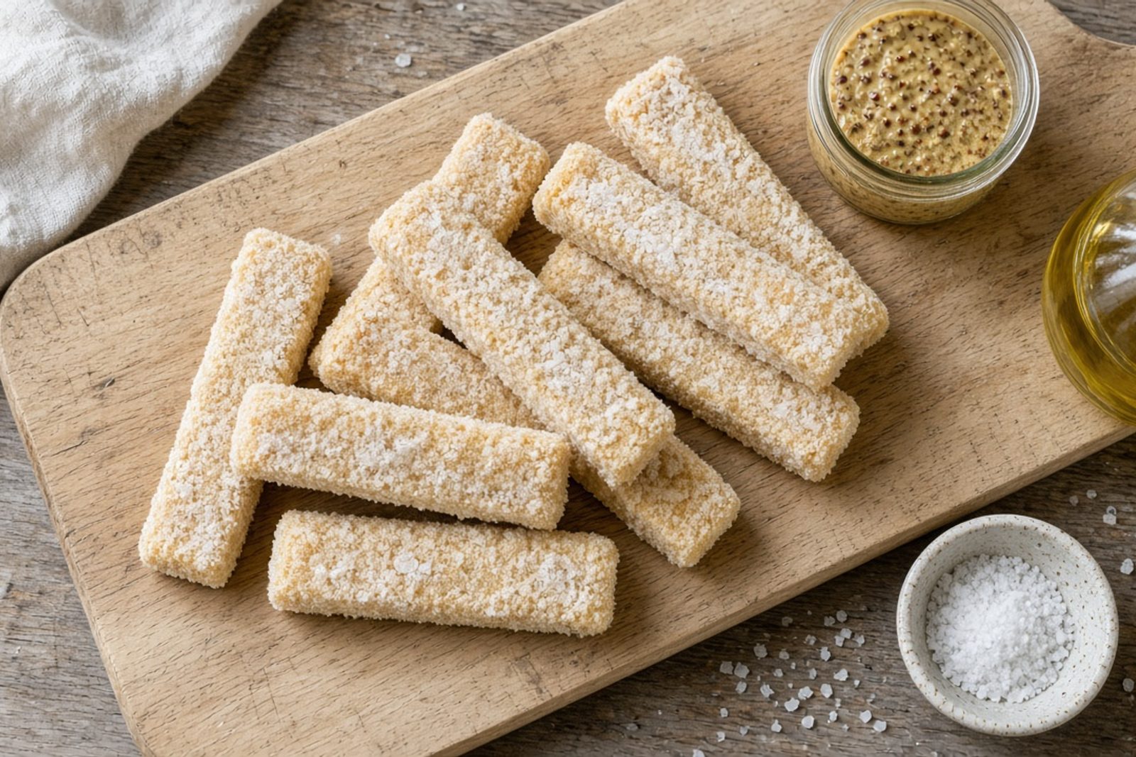 Замороженные фишдоги в кляре, зернистая горчица и масло на доске