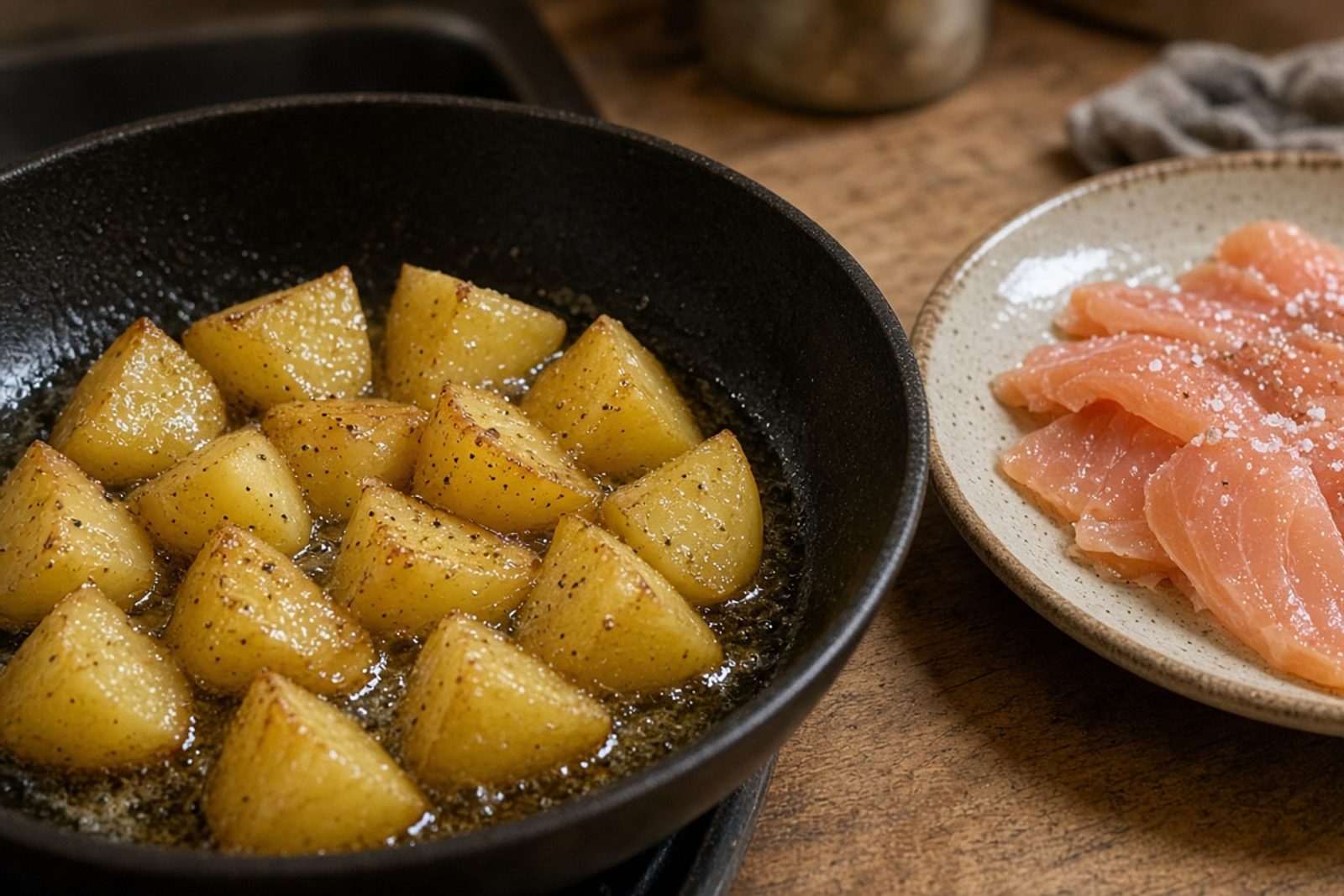Тёплый картофель на сковороде, рядом тарелка с холодной нарезкой форели