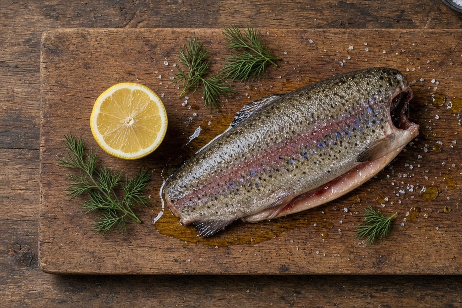 Сырая радужная форель без головы, лимон, укроп и масло на доске