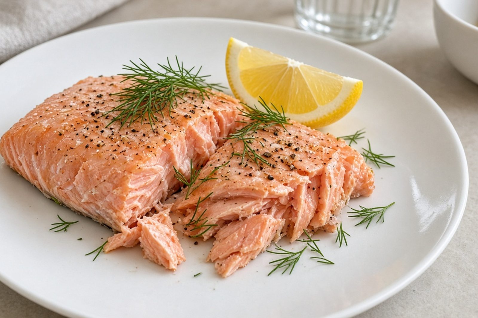 Готовая горбуша на тарелке с лимоном, розовое мясо слоится