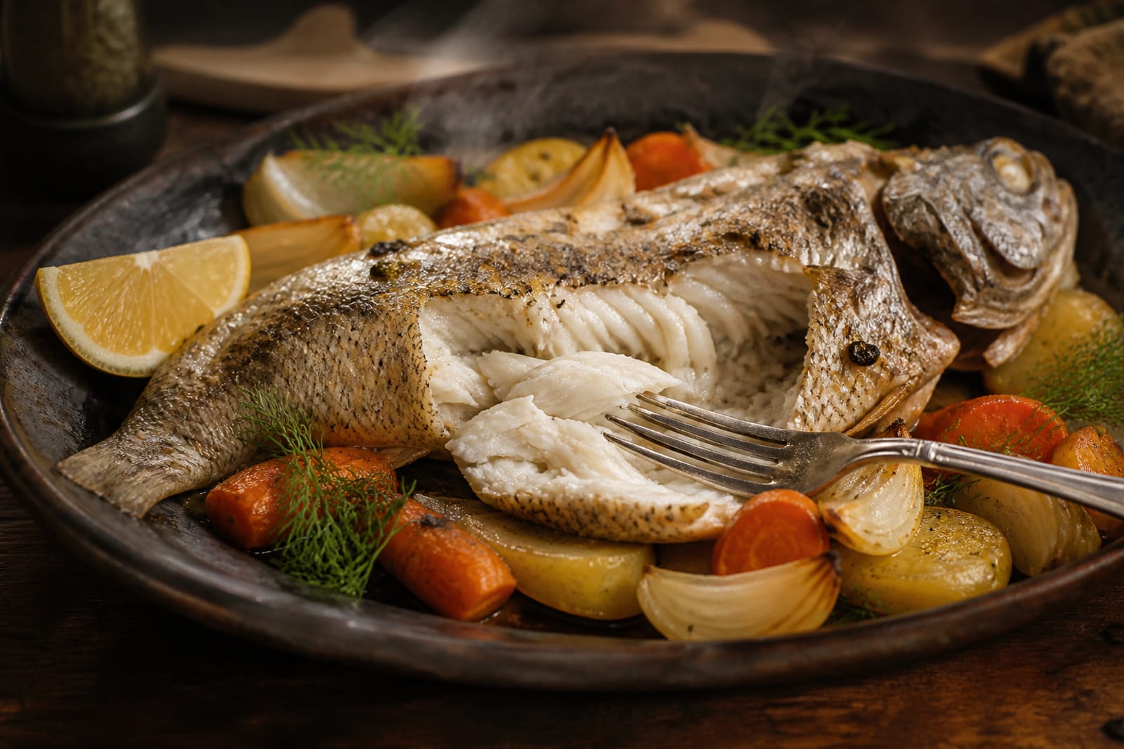 Готовый хек с запечёнными овощами и лимоном на тарелке, мясо белое и слоистое