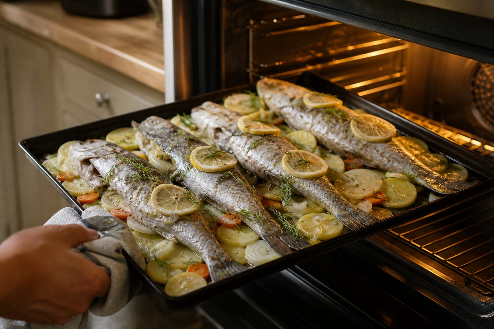 Сырой хек на подушке из картофеля, лука и моркови перед духовкой