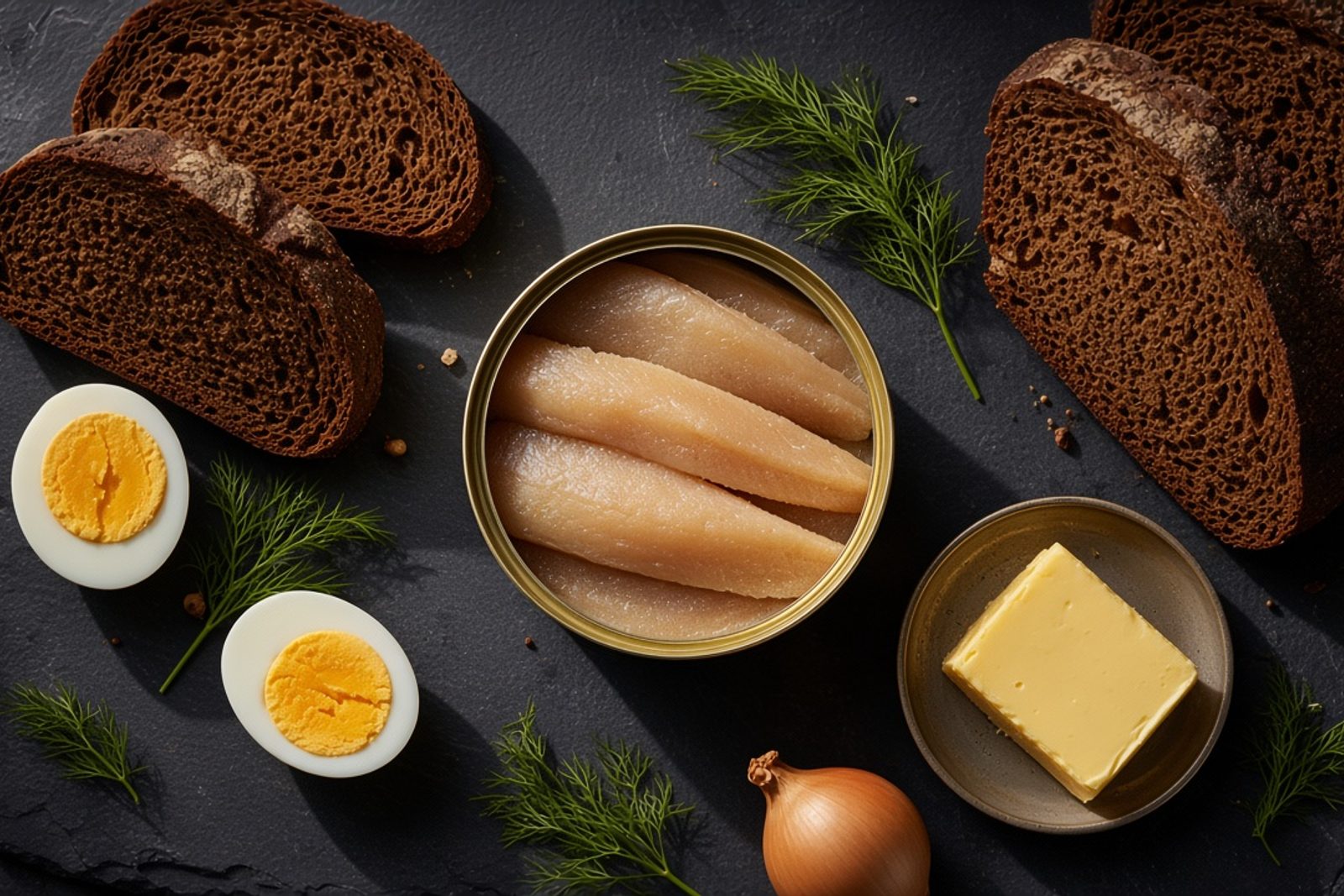 Банка икры сельди, ржаной хлеб, масло, яйцо, лук и укроп на тёмной доске