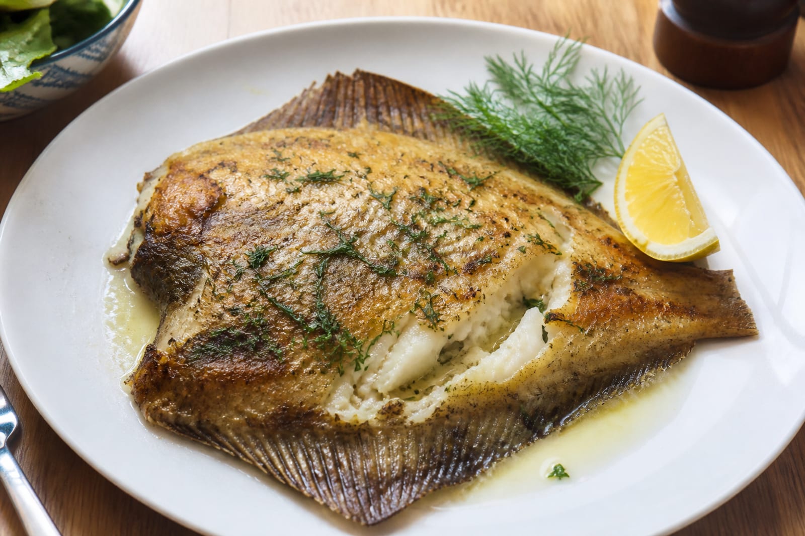 Готовая камбала на тарелке с лимоном и укропом, белое мясо слоистое
