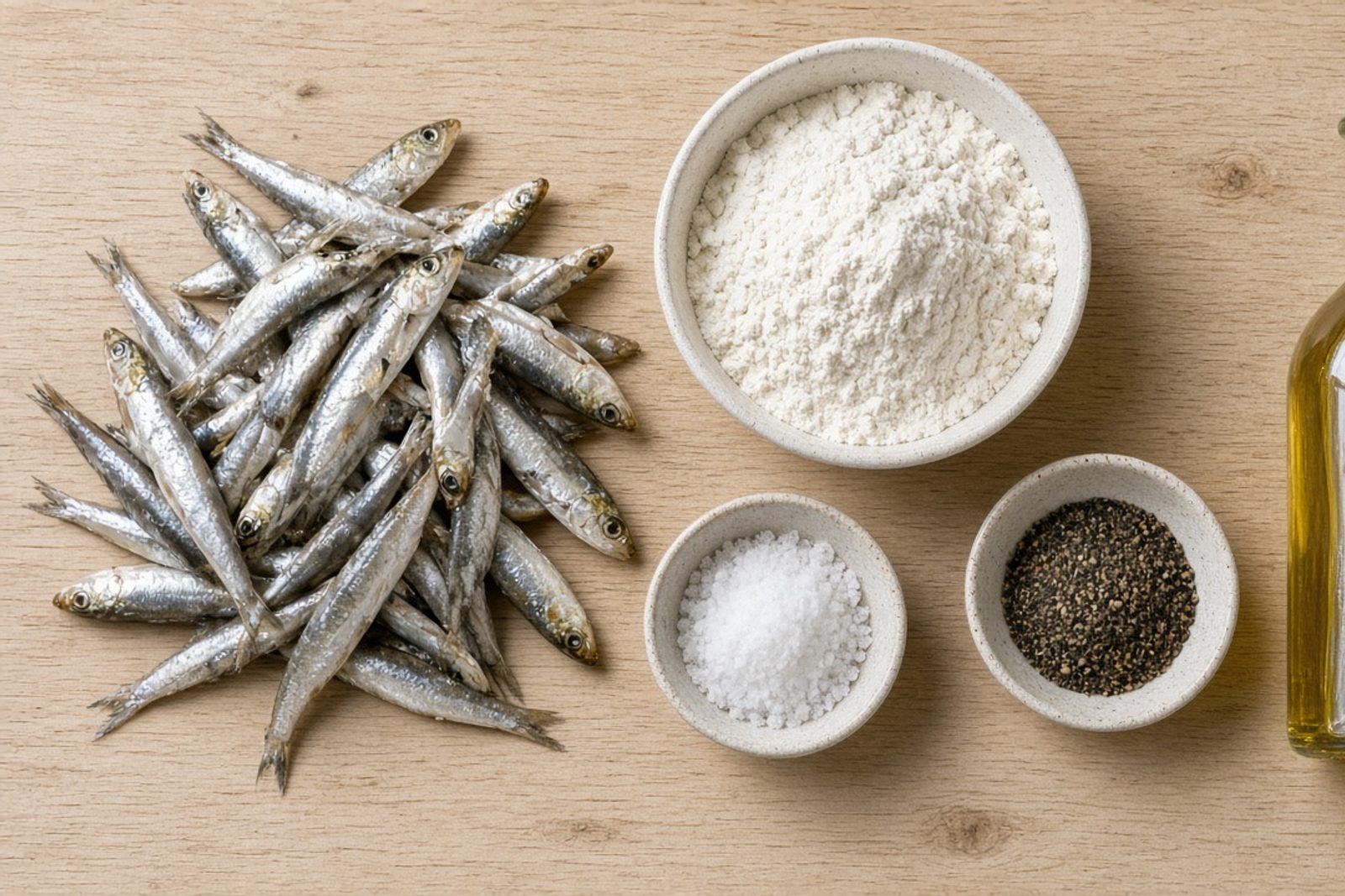 Мелкая сырая килька, мука, соль, перец и масло на деревянной доске