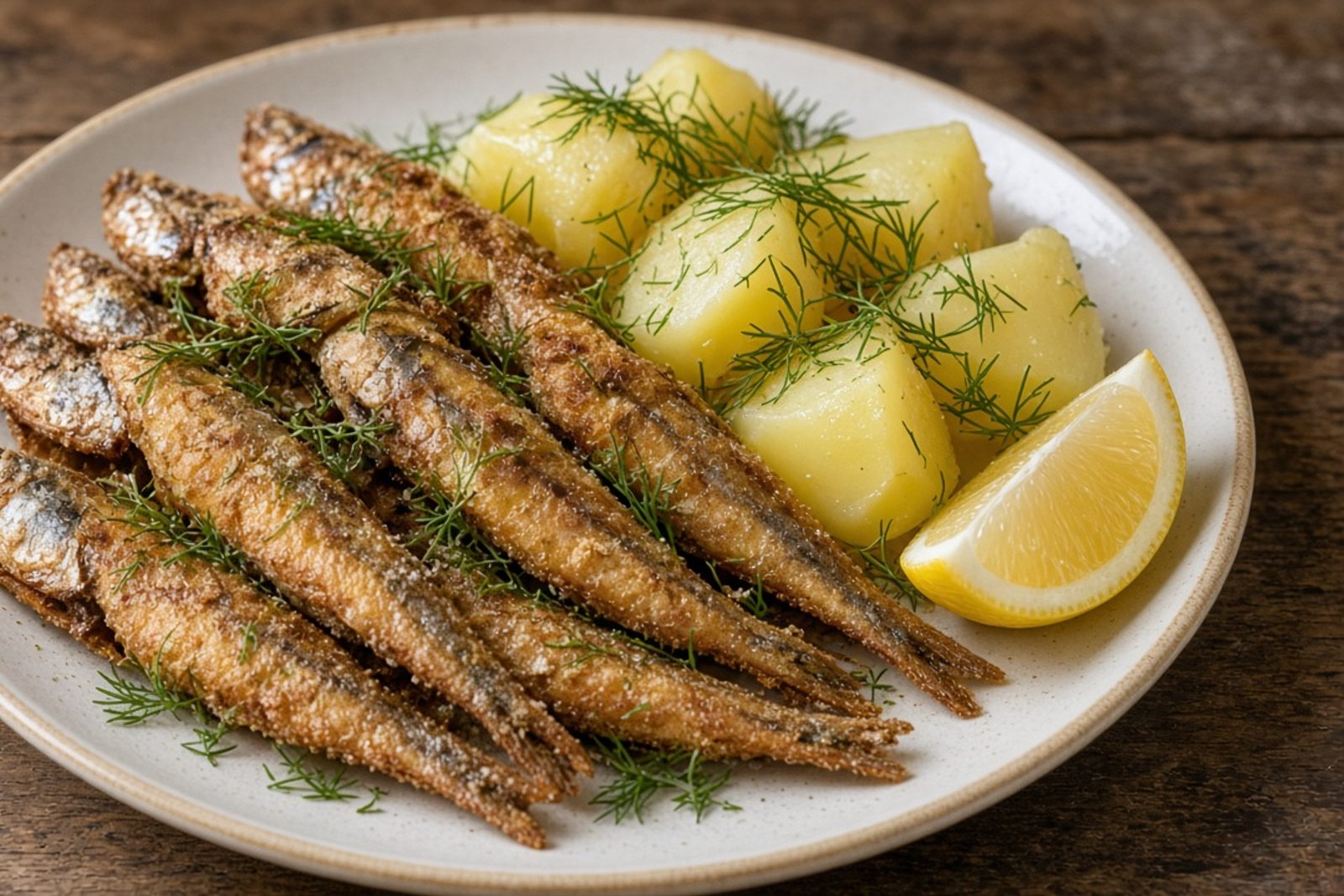 Жареная килька с картофелем, укропом и лимоном
