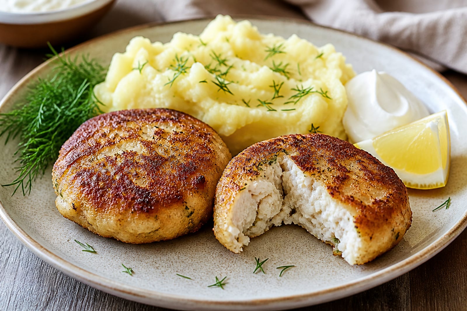 Готовые котлеты из щуки с картофельным пюре, сметаной и укропом