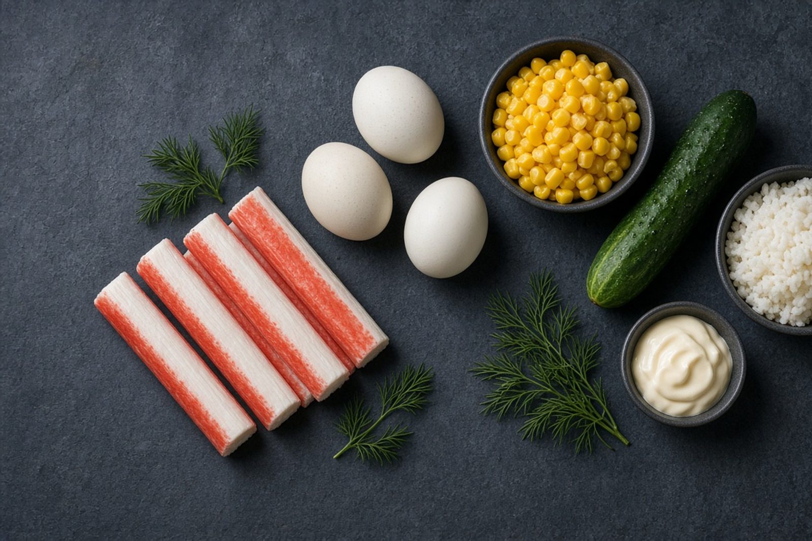 Крабовые палочки, три яйца, кукуруза, огурец, отварной рис, майонез и укроп на тёмном столе