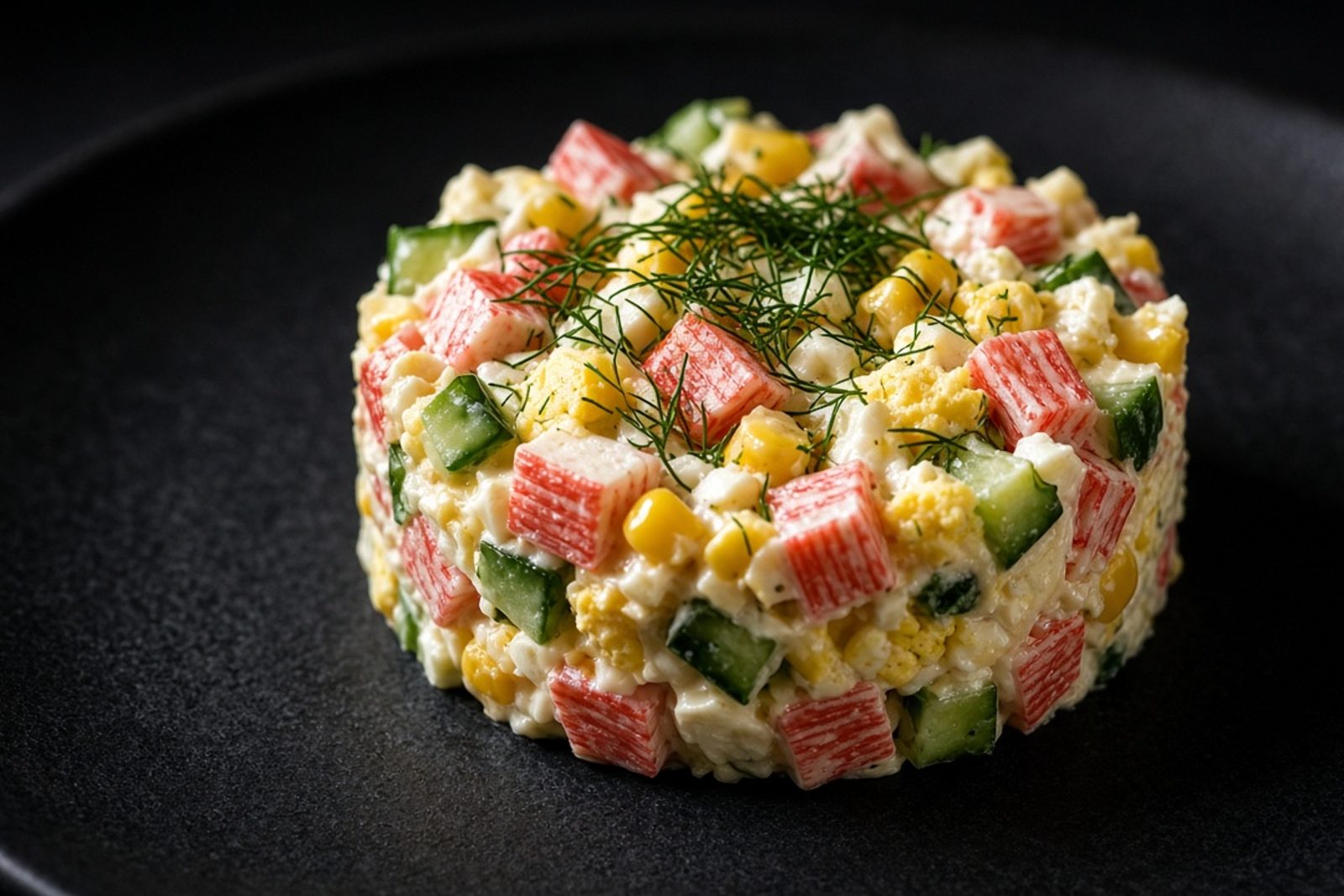 Порция крабового салата с кукурузой, огурцом и укропом, выложенная кольцом на чёрной тарелке