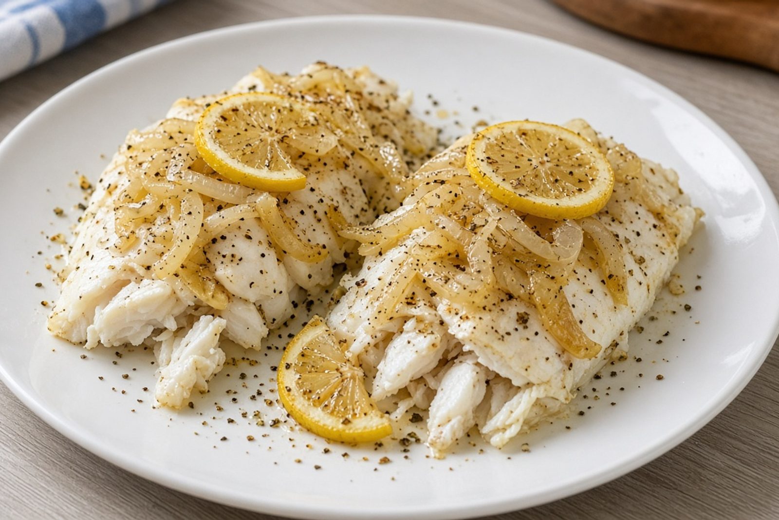 Готовый минтай из духовки с луком и лимоном на тарелке