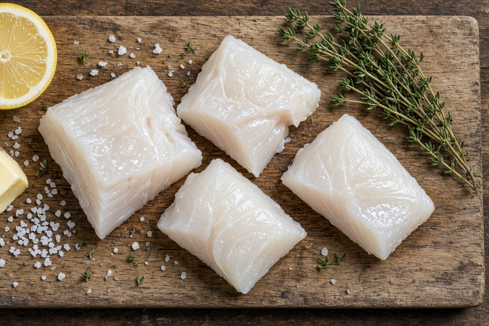 Сырые куски филе палтуса, лимон, масло и зелень на доске