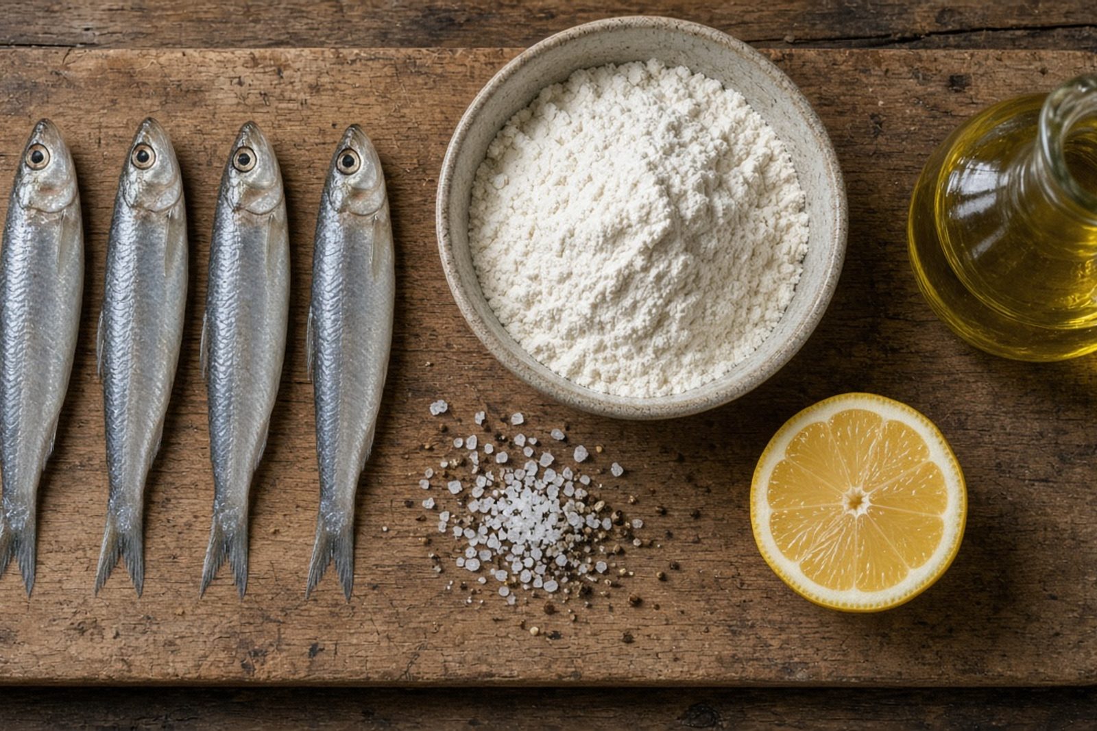 Сырая путассу, мука, лимон и масло на деревянной доске