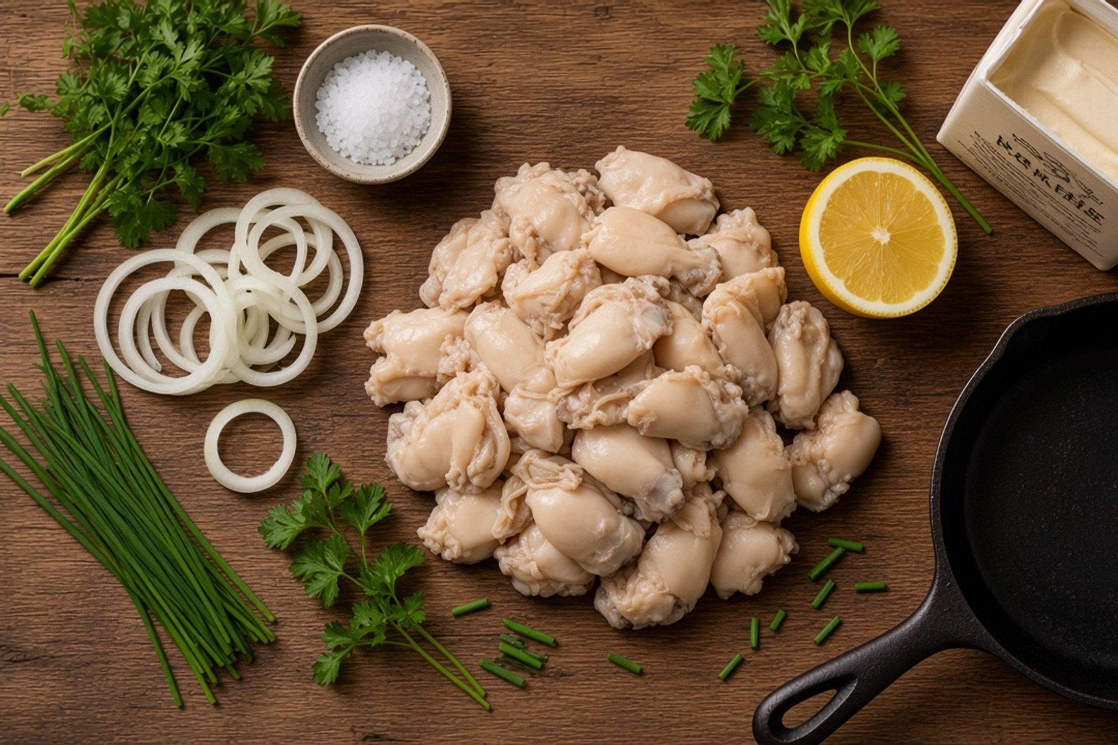 Мясо рапана, лук, сливки, петрушка и лимон на разделочной доске