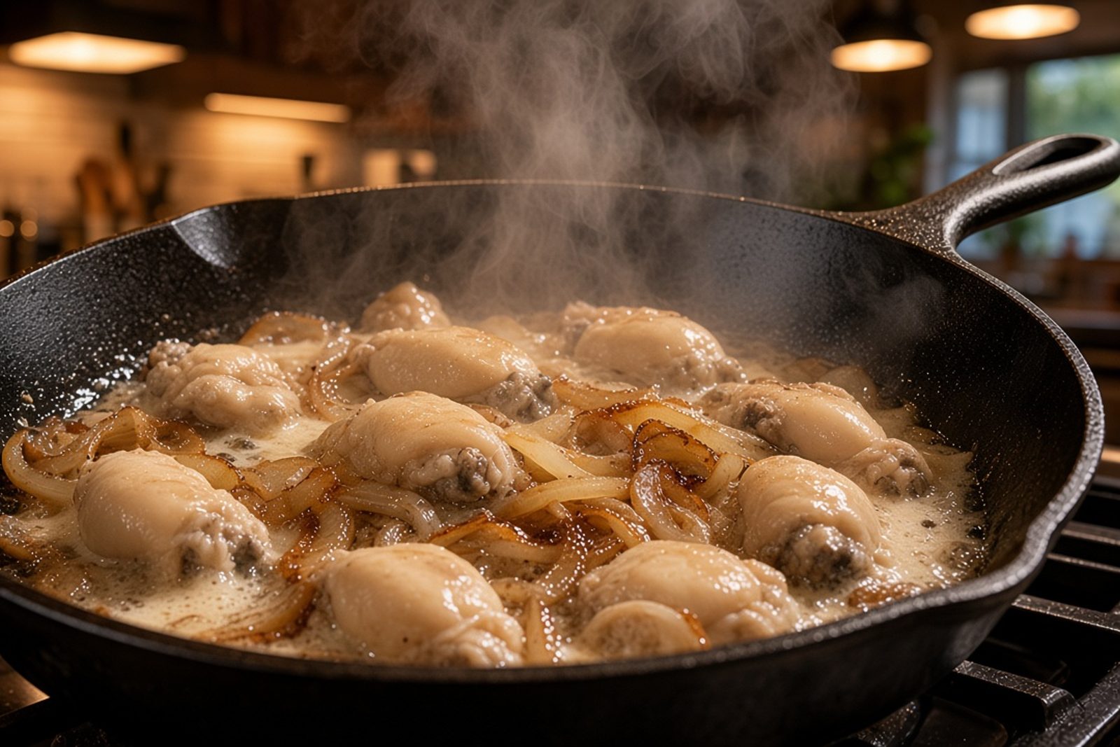 Мясо рапана обжаривается с луком на сковороде
