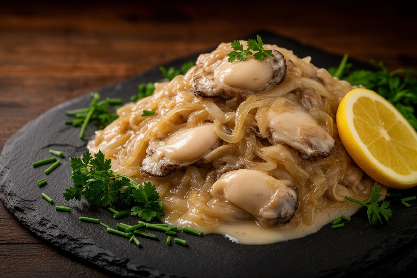 Готовое мясо рапана с луком и зеленью на тарелке