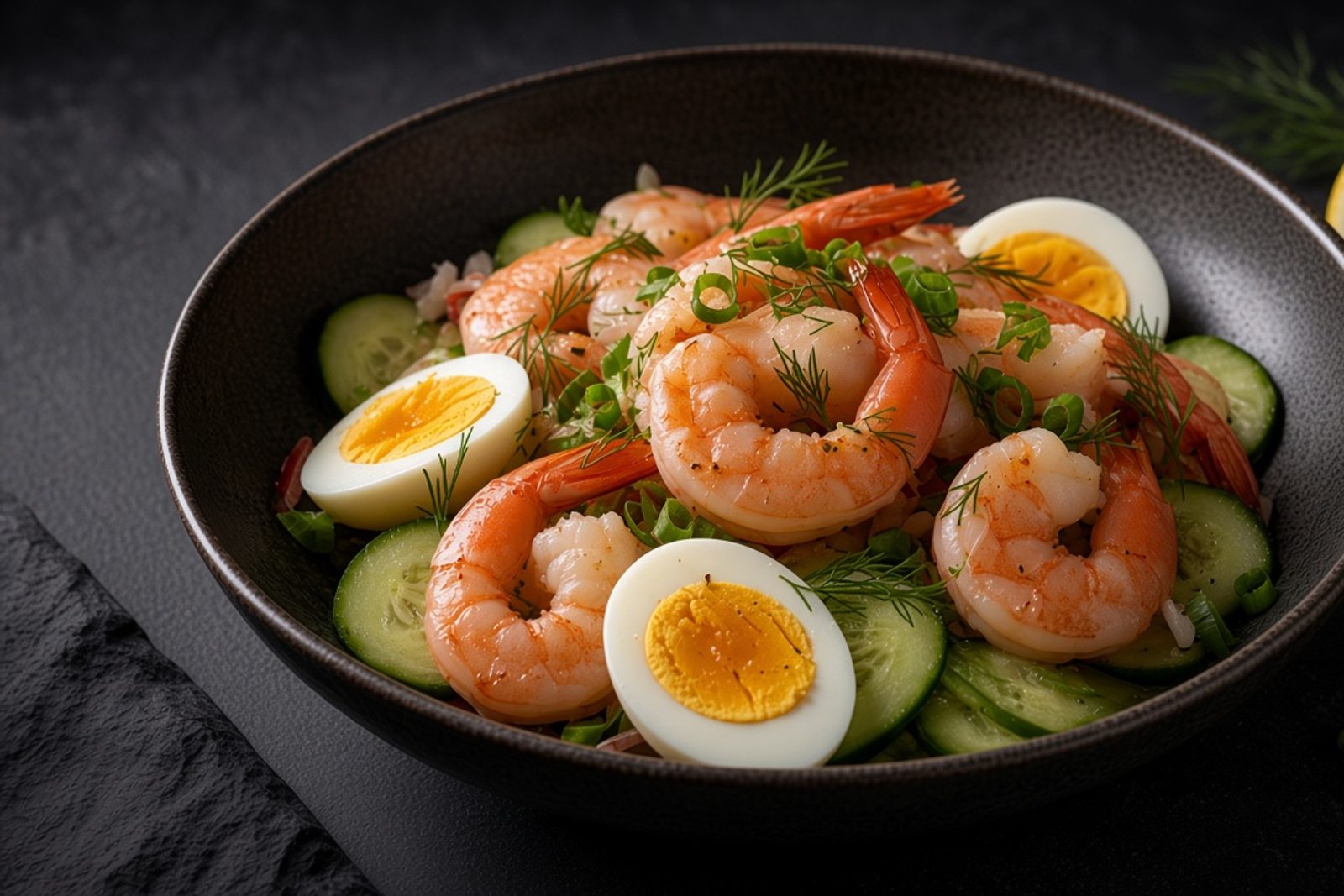 Готовый салат с креветками, яйцом, огурцом и укропом на тарелке
