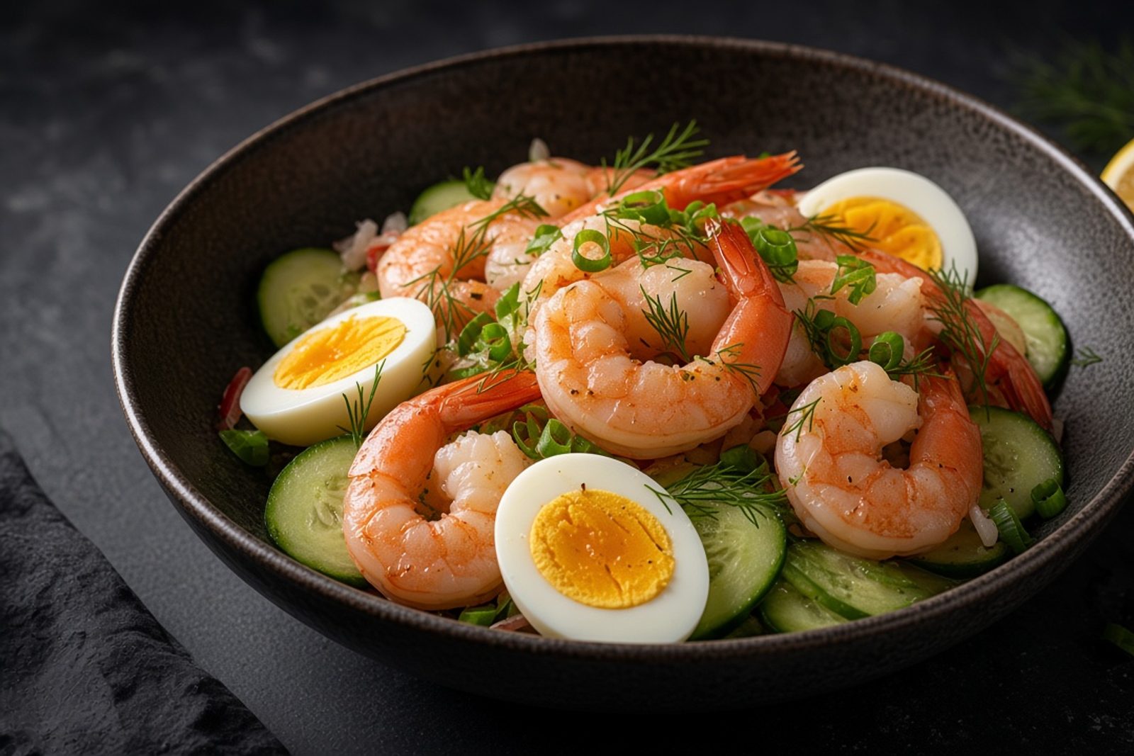 Салат с креветками, яйцом и огурцом
