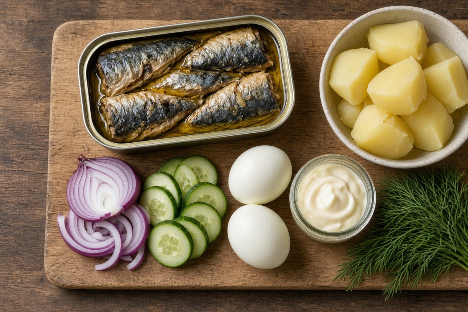 Банка сайры, варёный картофель, яйца, лук, огурец и укроп на доске