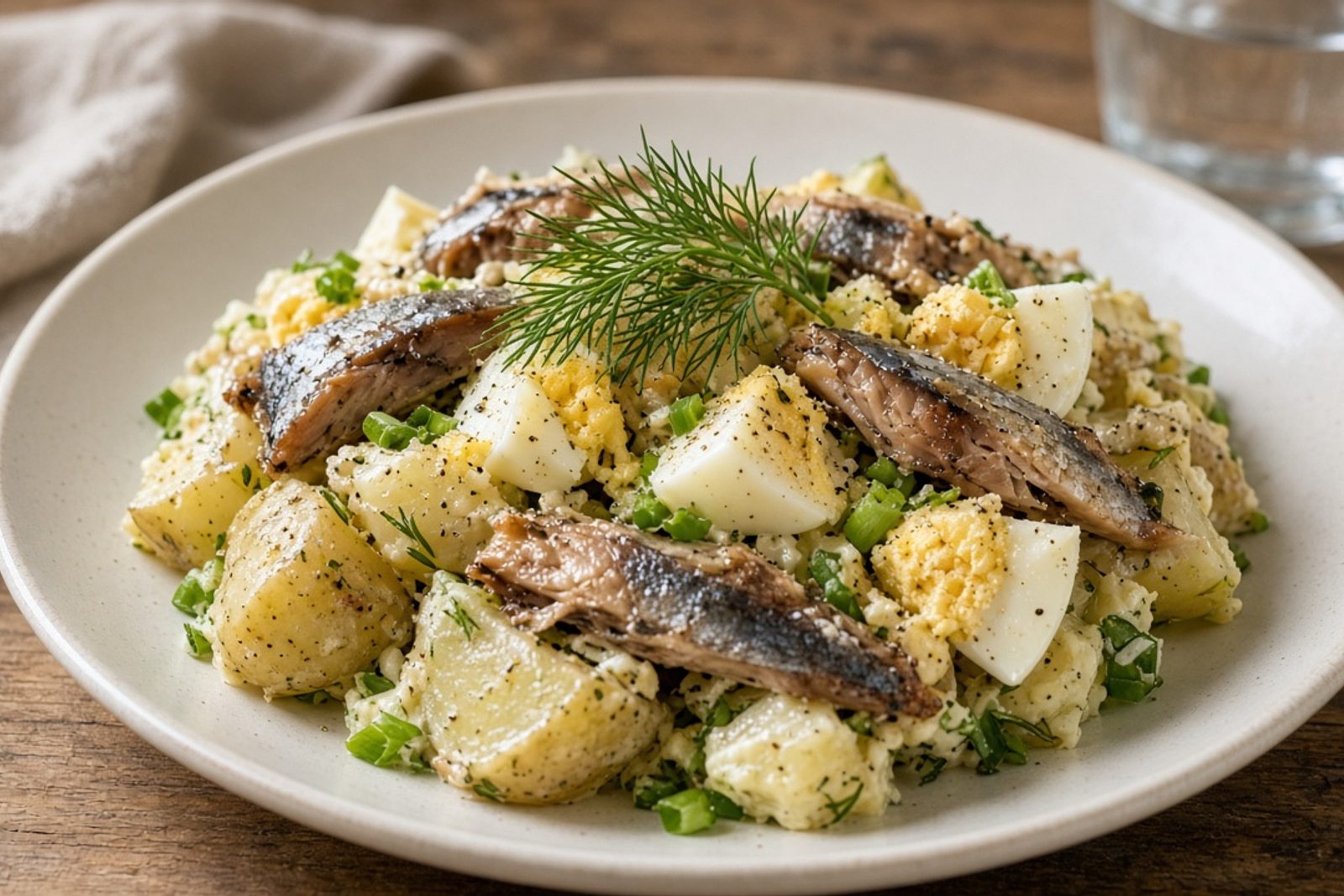 Готовый салат с сайрой, картошкой и укропом на тарелке