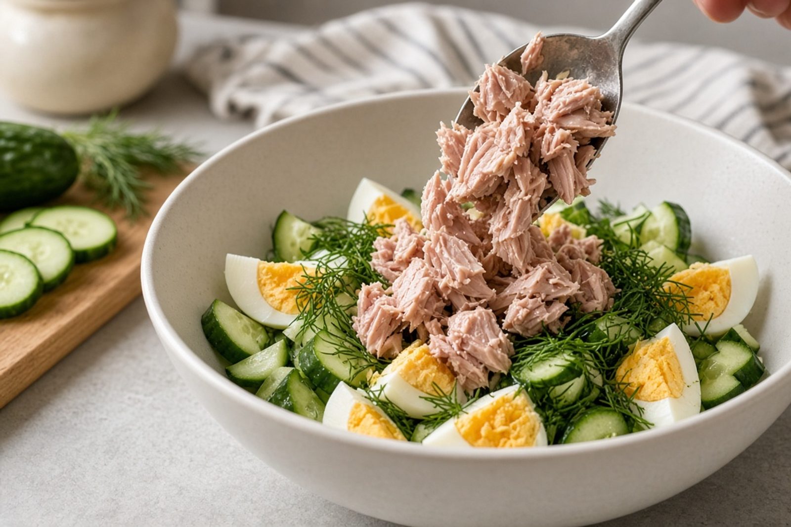 Куски натурального тунца смешивают в миске с огурцом, яйцом и укропом