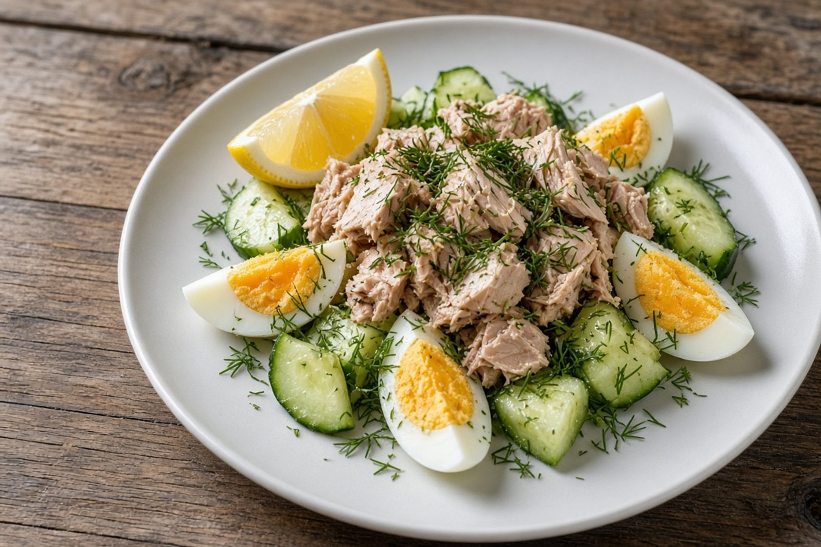 Салат из натурального тунца с яйцом, огурцом и лимоном на тарелке