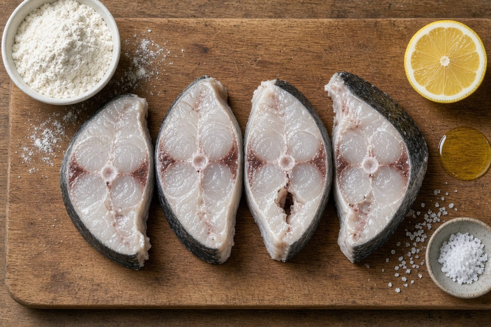Сырые стейки сайды, мука, лимон и масло на деревянной доске