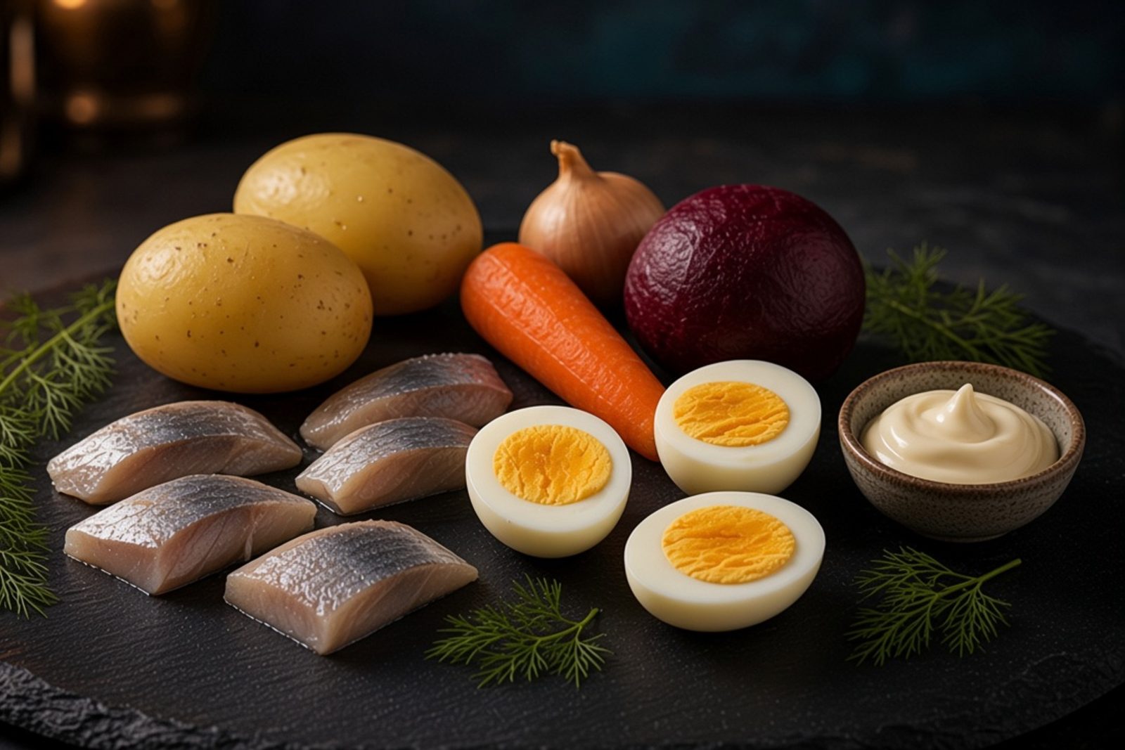 Филе сельди, картофель, морковь, свёкла, яйца, лук и майонез на тёмной доске