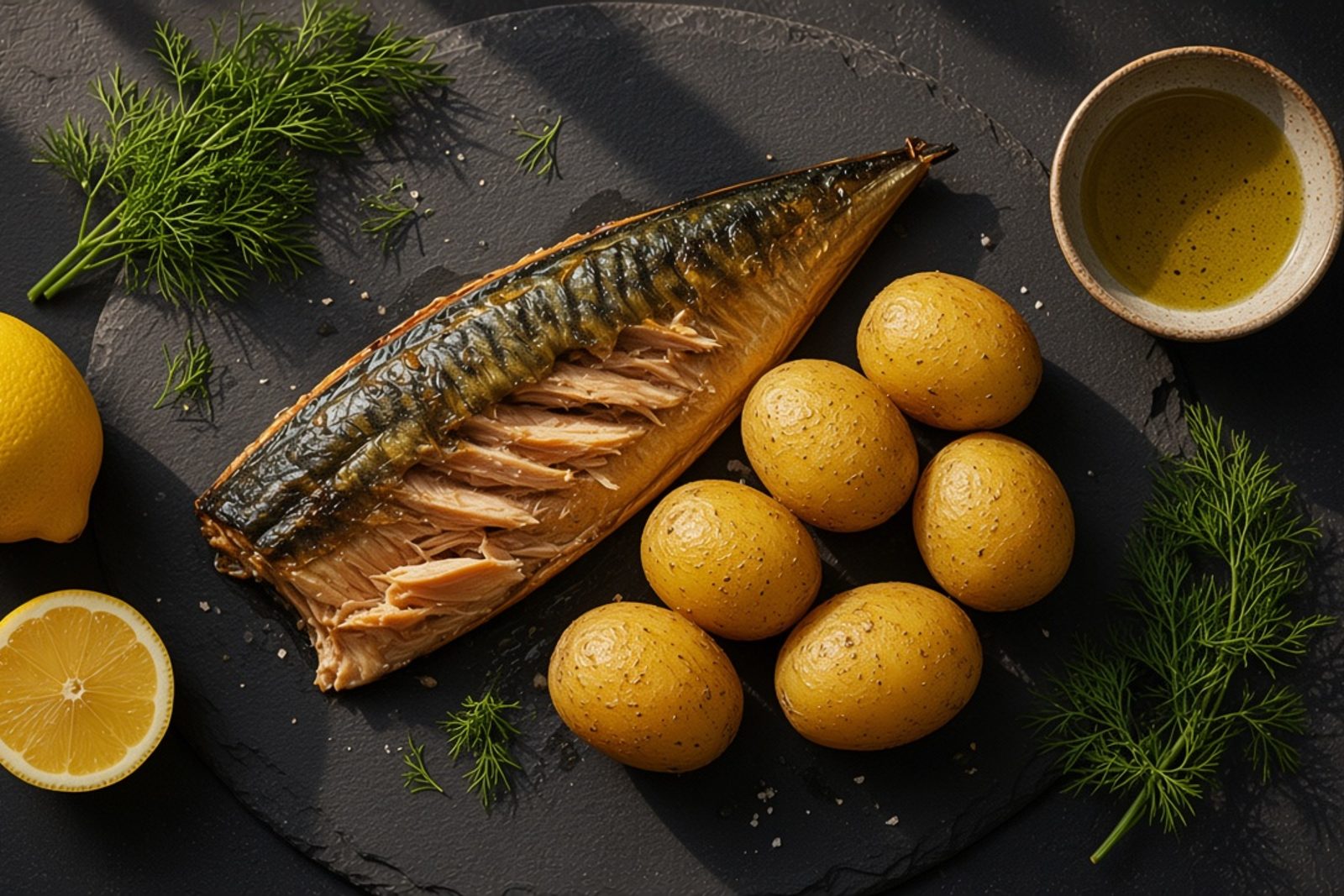 Скумбрия холодного копчения, картофель, укроп и лимон на тёмной доске