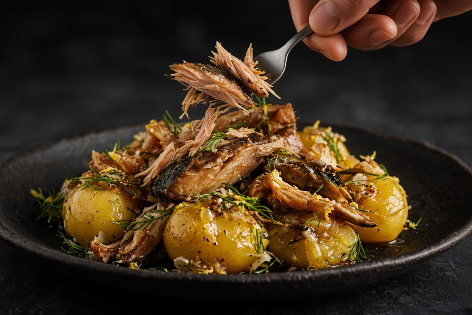 Мясо копчёной скумбрии крошат на тёплый картофель