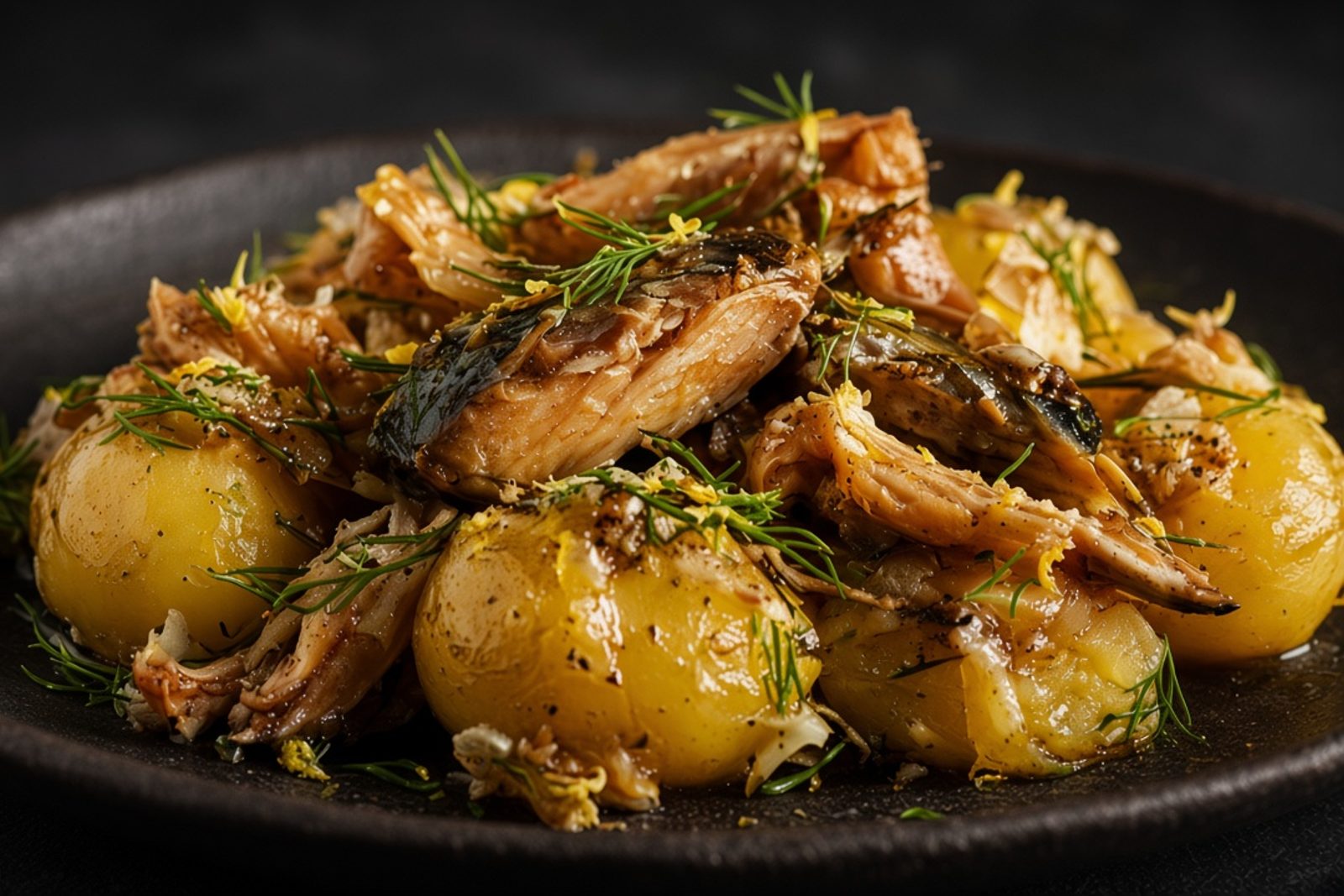 Картофель с хлопьями копчёной скумбрии, укропом и лимоном