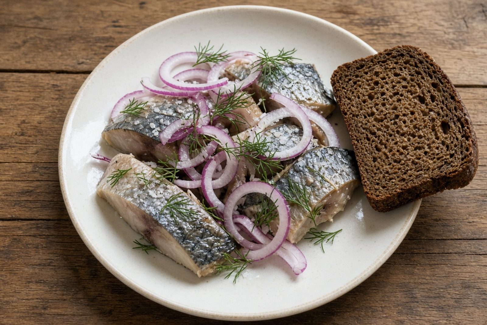 Готовая малосольная скумбрия с кольцами красного лука, укропом и чёрным хлебом