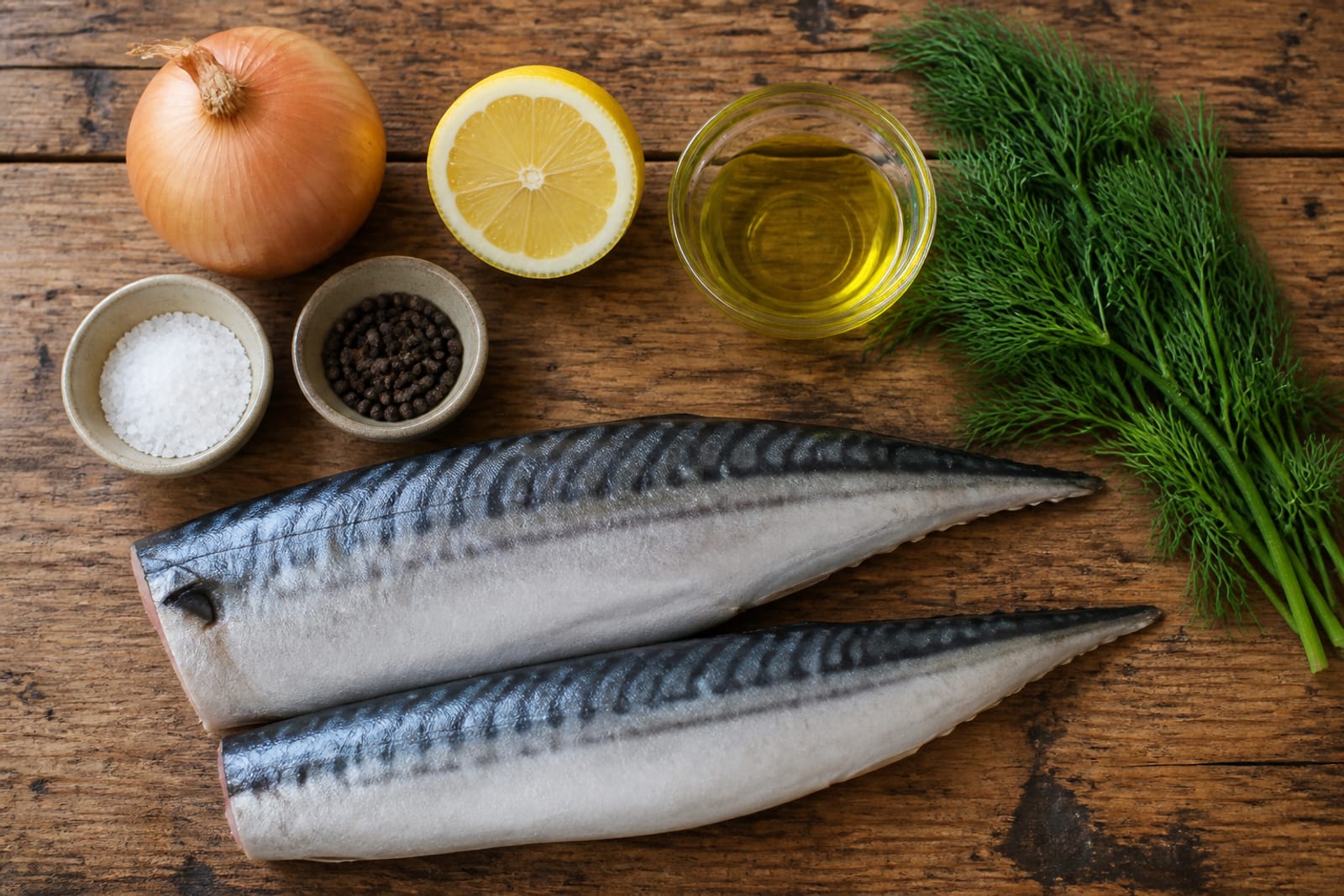 Две сырые тушки скумбрии без головы, лимон, лук, масло, укроп и соль на деревянном столе