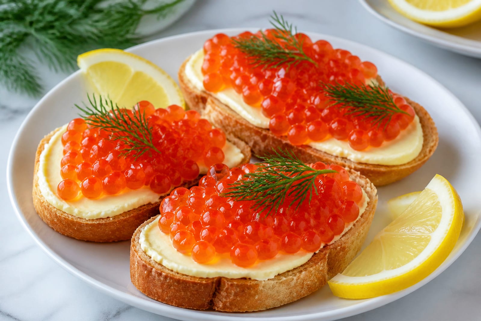 Готовые тосты с красной икрой, укропом и дольками лимона на тарелке