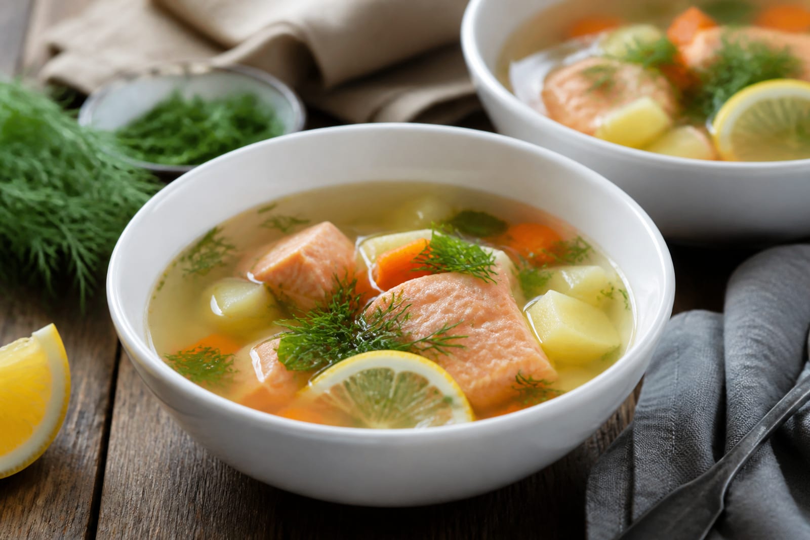 Готовая уха из сёмги в мисках с укропом и лимоном