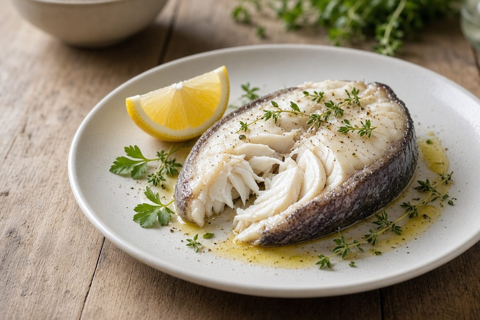 Готовый стейк зубатки на тарелке с лимоном, белое мясо слоится